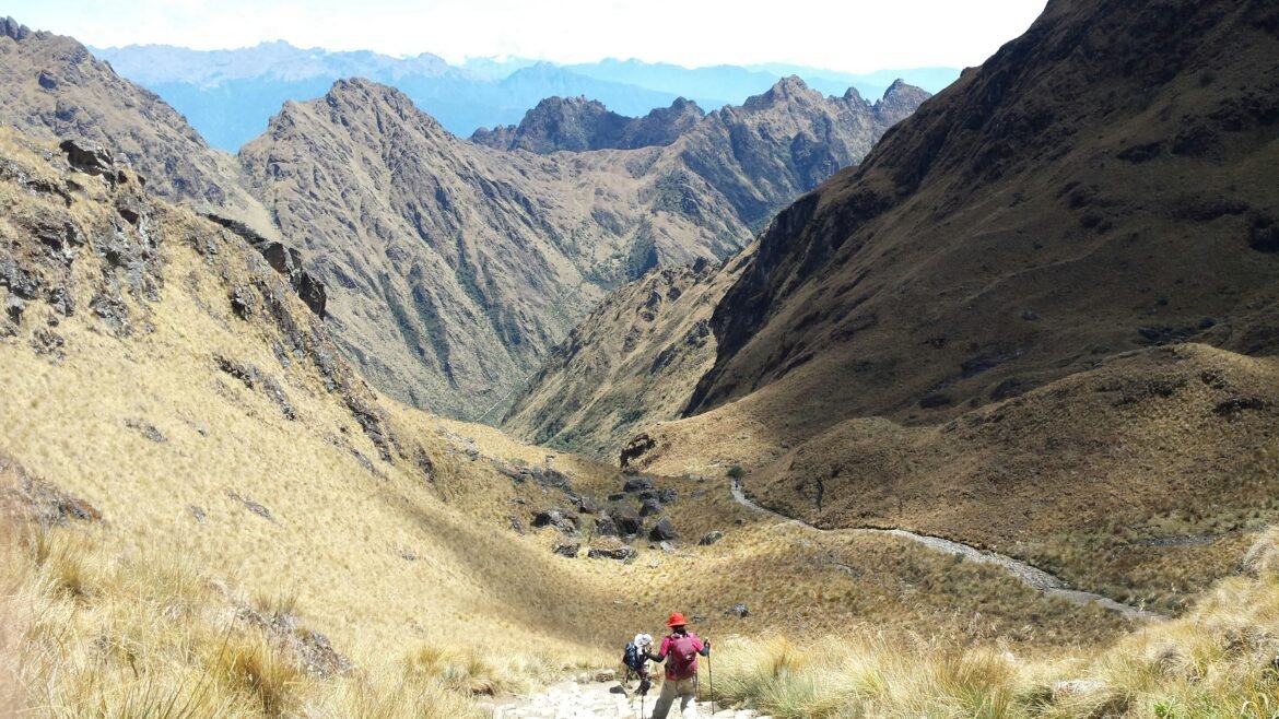 Hikers on the Inca Trail with trekking poles and backpacks, Peru